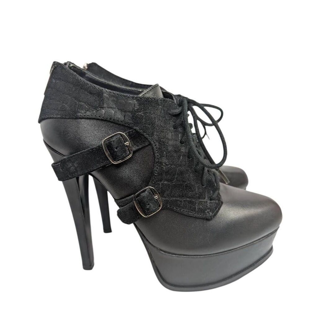 Y2K Bakers GENAA black leather lace up oxford platform booties womens 7 - Picture 3 of 8